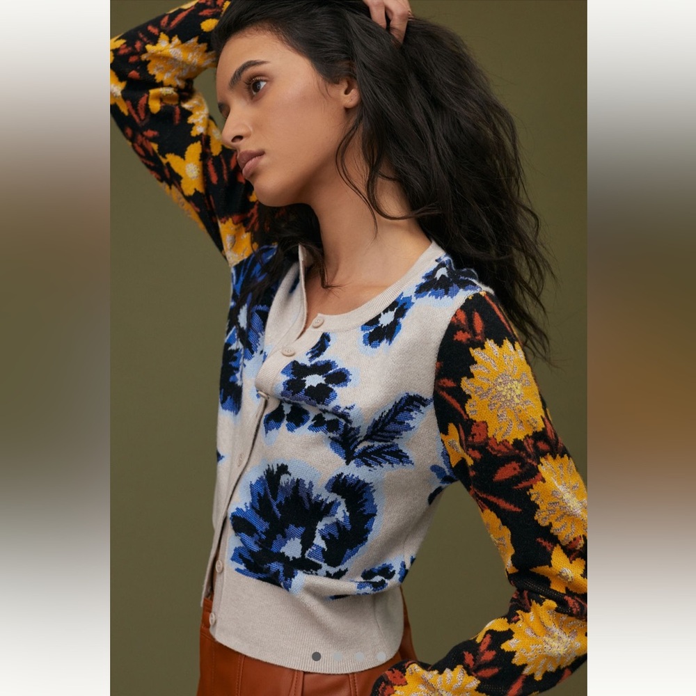 Anthropologie Maeve Floral Jacquard Cardigan Sweater